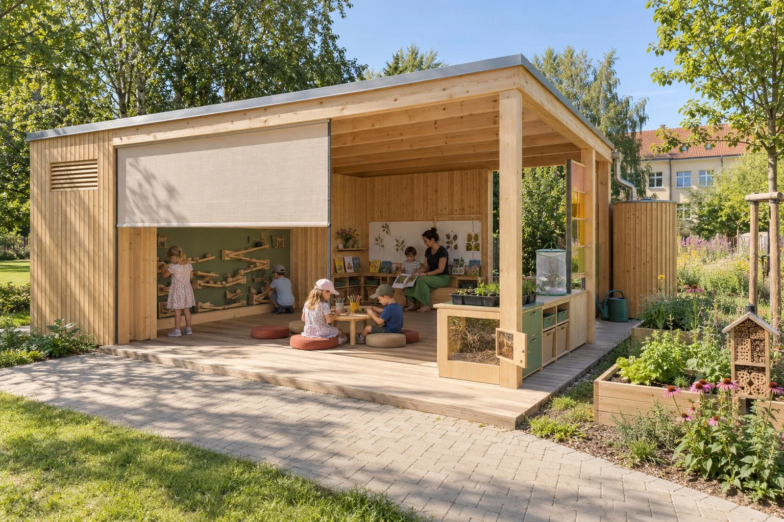 L-shaped shelter: Exterior view — visualisation in development