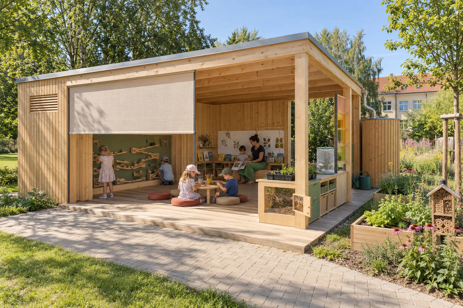 Přírodní dřevěný pavilon pro zahradu mateřské školy — vizualizace připravovaného řešení